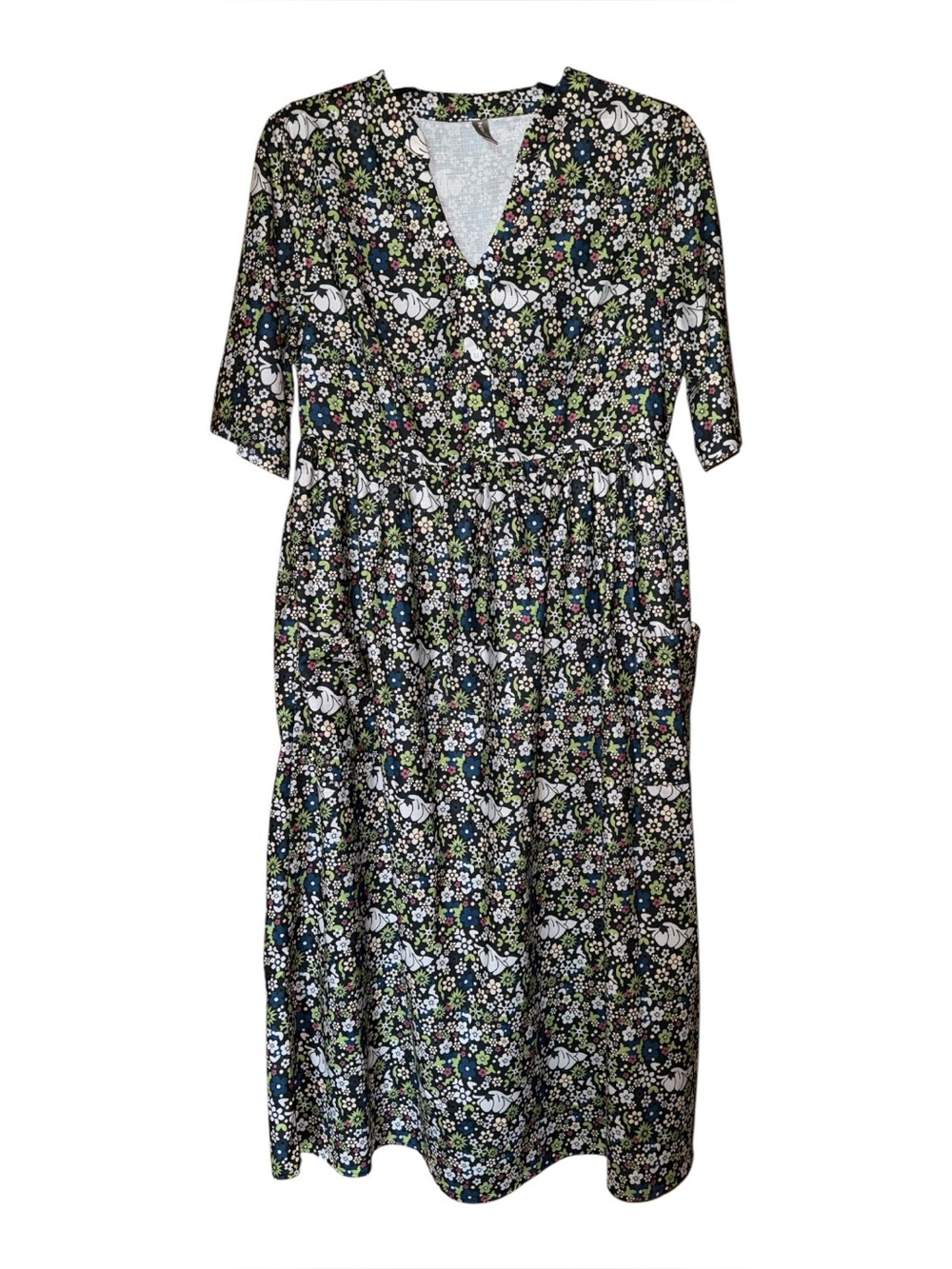 Noracora Floral Midi Dress Medium Boho Cottagecore V Neck Pocket Dress